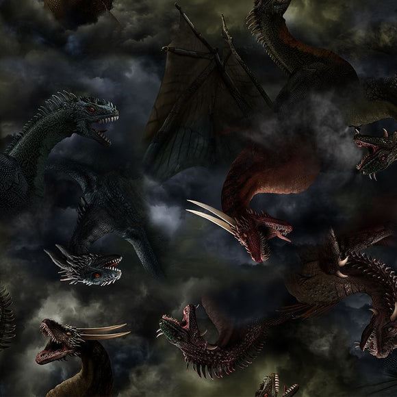 DRAGON'S LAIR Tossed Dragons In Clouds Fun-CD3065-Night from Timeless Treasures by the yard