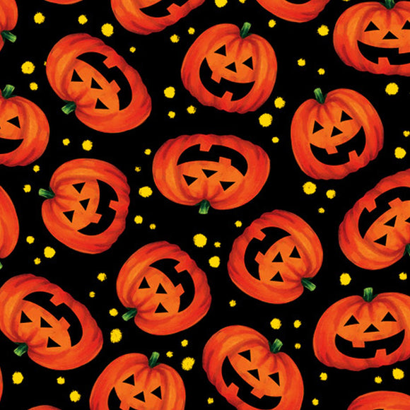 Tricks & Treats Black Pumpkin Toss Halloween Fabric 28344-J from Quilting Treasures by the yard