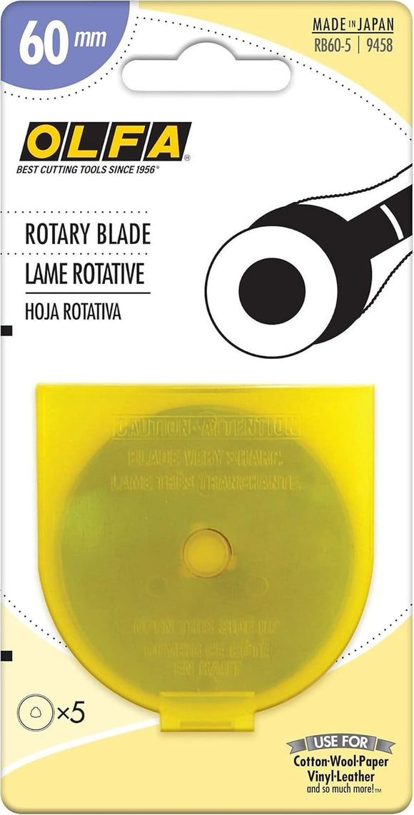 OLFA 60mm Rotary Cutter Replacement Blades, 5 Blades (RB60-5) - Tungsten Steel Circular Rotary Fabric Cutter Blades