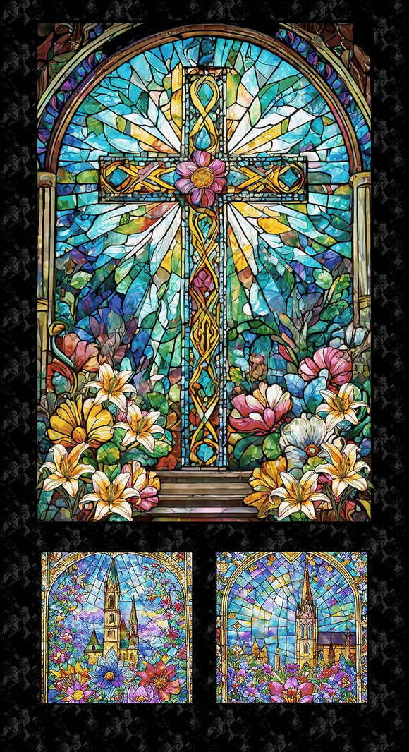 Faith in Full Color 2186P-79 Turquoise/Black from Henry Glass by the panel