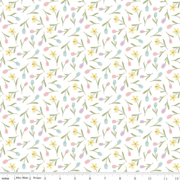 Bunny Trail Tulip Toss White C14254-WHITE by Dani Mogstad from Riley Blake