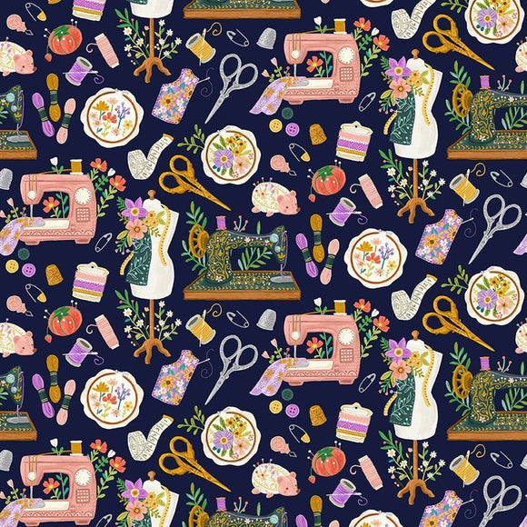 Sewing Machines and Tools Fabric OLIVIA-CD2083 NAVY from Timeless Treasures by the yard