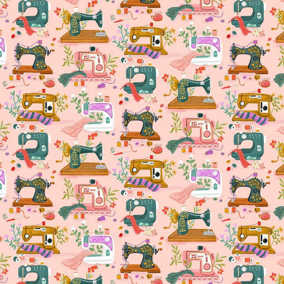 Floral Sewing Machines Fabric OLIVIA-CD2084 PINK from Timeless Treasures