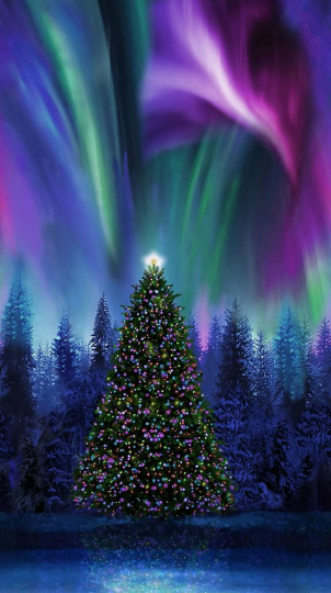 Winter Solstice Christmas Tree Under Aurora Borealis PANEL-CD2010 MULTI from Timeless Treasures by the pane