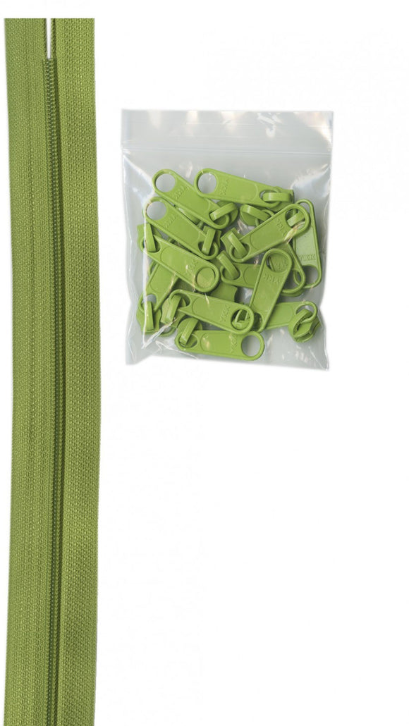 4 yards of 16mm #4.5 zipper chain and 16 Extra-Large Coordinated Pulls Apple Green