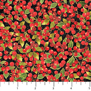 Cardinal Woods Red Holly Berries on Black Holiday Fabric 22839-99 from Northcott by the yard