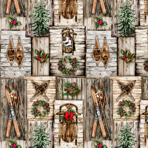 Holiday Retreat Natural Sled, Skis, Wreaths on Wood Fabric CD1475-Natural from Timeless Treasures by the yard