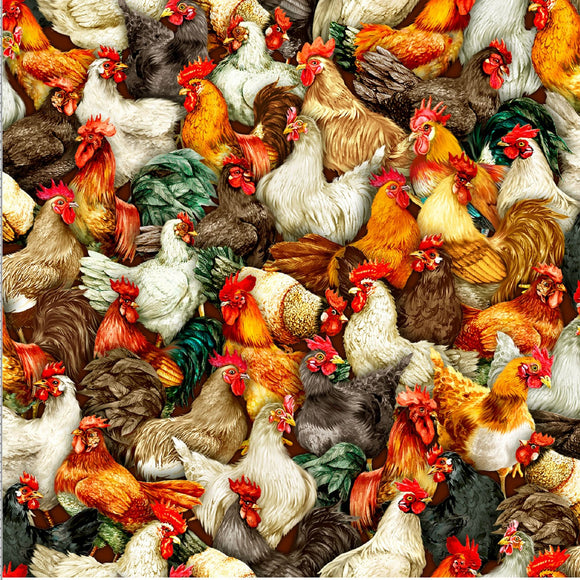 Lay An Egg Packed Gold Chicken Fabric 59-5771 from Oasis by the yard