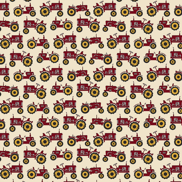 Quilt Barn Cream/Red Tractors Fabric 10194-19 from Benartex by the yard