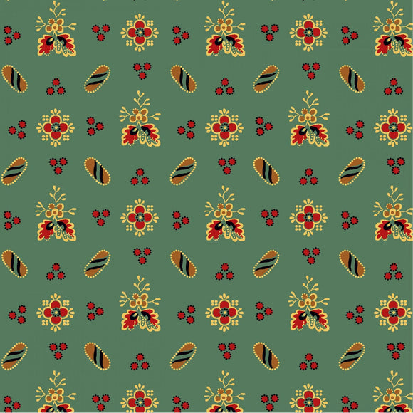 Rooster Farm House Green Foulard Reproduction Fabric RFHO4792-G from P & B by the yard