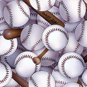 Sports Packed Baseballs & Bats Fabric 112-White from Elizabeth's Studio by the yard