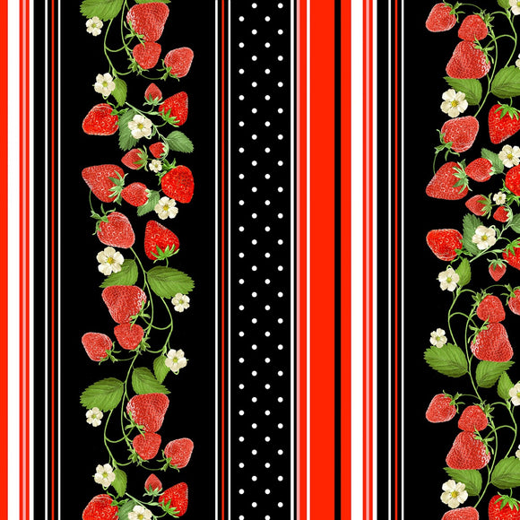 Strawberry Fields Forever Black Strawberry Repeating Stripe Fabric 09771-12 from Benartex by the yard