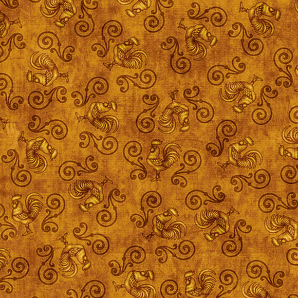 Sunrise Farms Rust Rooster Scrollwork Fabric 27422-T from Quilting Treasures by the yard