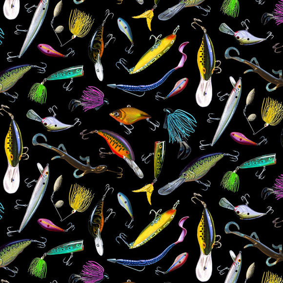 Tight Lines Black Fishing Flies Fabric 611Black from Elizabeth's Studio