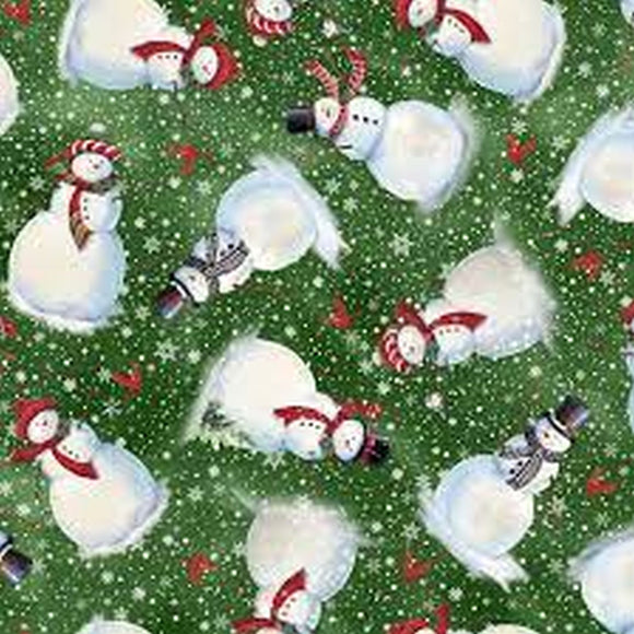 Winter Greetings Green Snowmen Fabric 28338F from Quilting Treasures by the yard